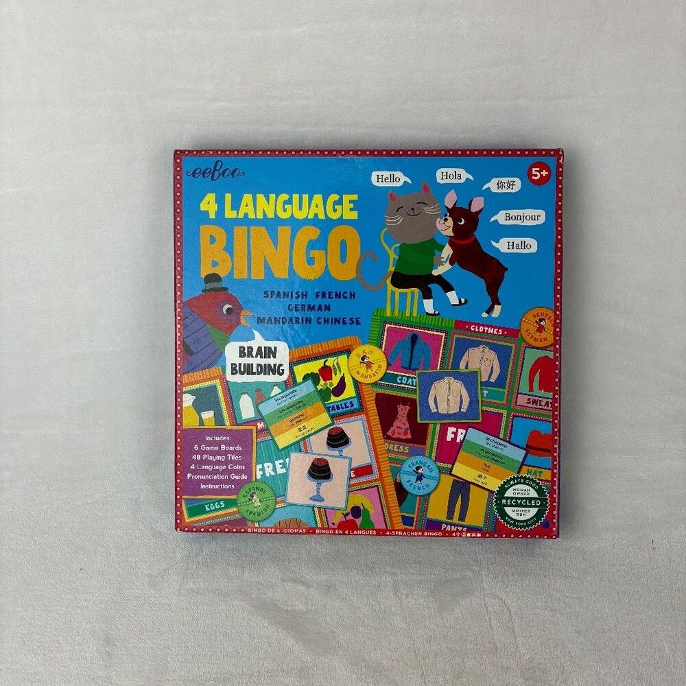 eeboo 4 Language Bingo Game Spanish French German Mandarin Kids Educational NEW